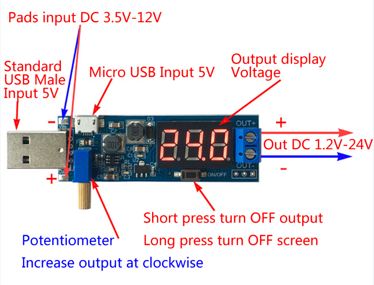 DC-DC Step Down and Step Up Module with Digital Display DC Buck-Boost USB Step  UP / Down Power Supply Module By Electrica